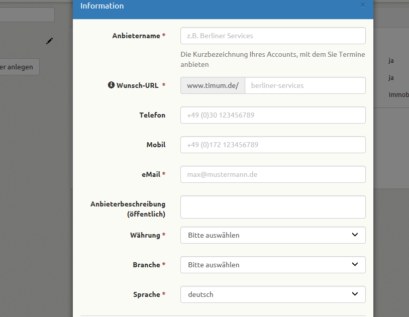 Dialog for entering master data for a new calendar